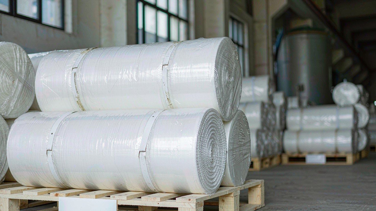 White woven fabric rolls wrapped in film and strapped on an export pallet in a warehouse